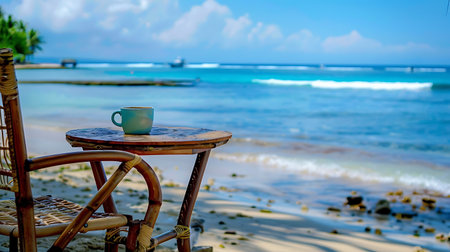 Cup of coffee on the beach at Seychelles.の素材