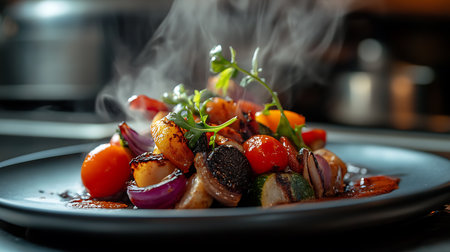 Close up of grilled vegetables on black plate with smoke in the backgroundの素材