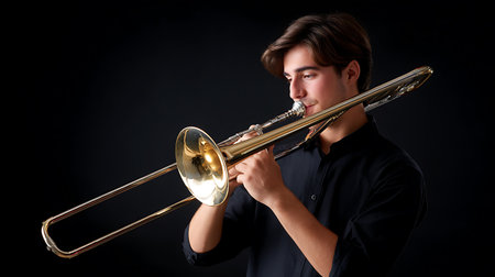 Portrait of a young man playing the trombone on black backgroundの素材