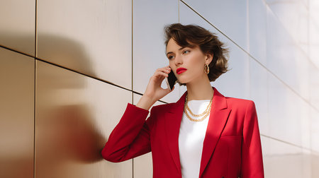 Portrait of a beautiful business woman in a red suit talking on the phone.の素材