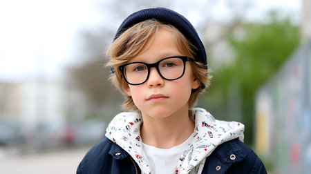 Portrait of a cute little boy in glasses on the street.の素材