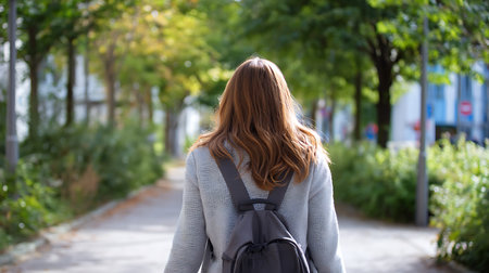 Back view of a young woman with backpack walking in the street.の素材