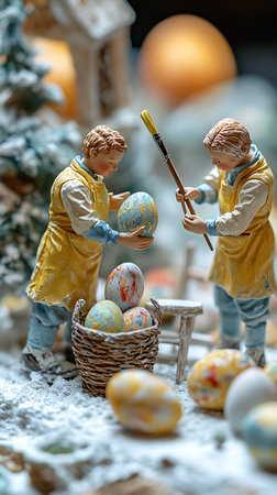 Easter decoration. Little boy and girl with basket of easter eggsの素材