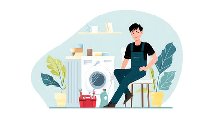 Repairman with washing machine. Vector illustration in flat style.の素材