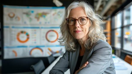 mature businesswoman in eyeglasses looking at camera in officeの素材