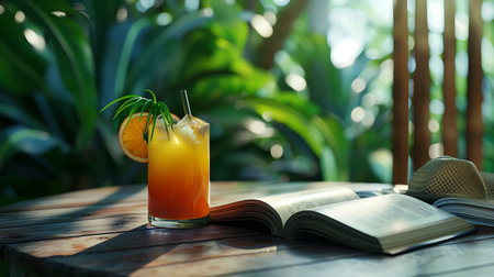 Fresh orange juice in a glass with a straw and a book on a wooden table.の素材