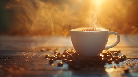Coffee cup and coffee beans on a wooden table. Coffee backgroundの素材