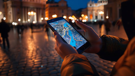 Woman hand holding a smartphone with a map of the city of St. Petersburg.の素材