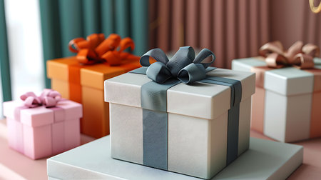 Gift boxes with bows on the table. 3d rendering.の素材