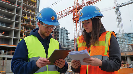 Portrait of two engineers working on construction site with tablet pc computerの素材