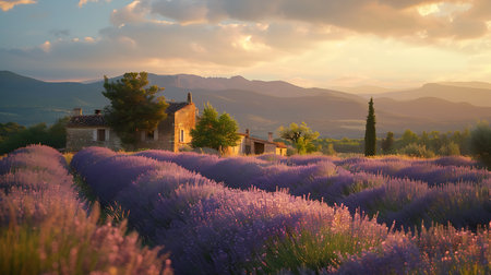 Lavender field at sunset in Tuscany, Italy.の素材