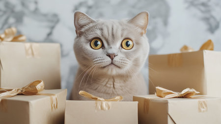 British Shorthair cat with gift boxes on table, closeupの素材