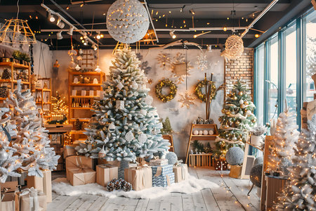 New Year's interior with decorated Christmas tree, gifts and decorations.の素材