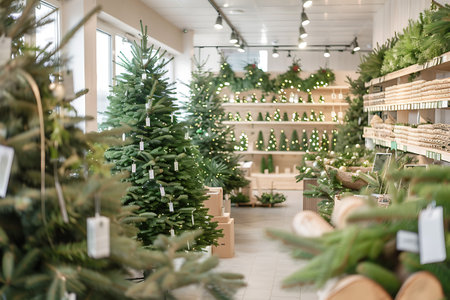Christmas tree in the store. Christmas and New Year holidays concept.の素材