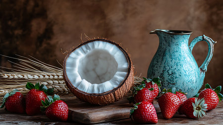 Coconut and strawberries on a wooden table. Rustic style.の素材