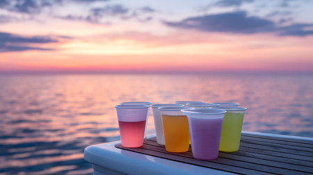 Colorful plastic cups on the deck with beautiful sunset sky background.の素材