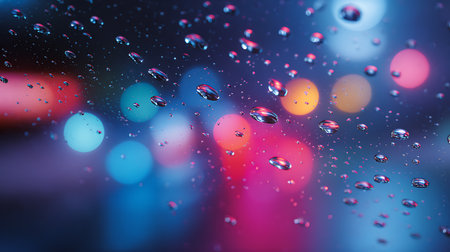 Water drops on glass with colorful bokeh background. Abstract texture.の素材