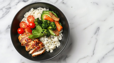 Bowl with tasty rice and chicken on white marble table, top viewの素材