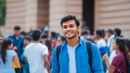 Handsome young Indian man wearing casual clothes and smiling while standing in front of crowd of peopleの素材