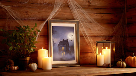 Halloween photo frame with burning candles and spider web on wooden backgroundの素材
