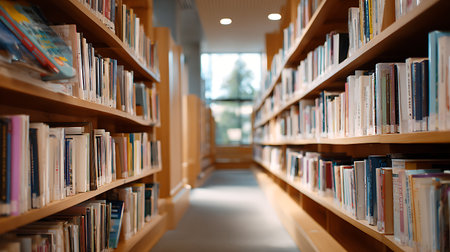Bookshelf with books in the library, shallow depth of fieldの素材