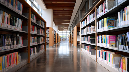 Library interior with bookshelves. Education, learning and knowledge conceptの素材