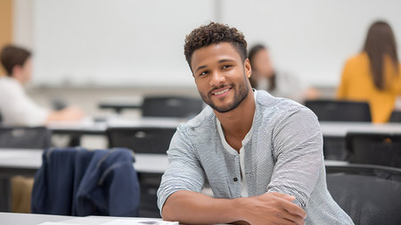 Portrait of a smiling African American male student sitting in a classroomの素材
