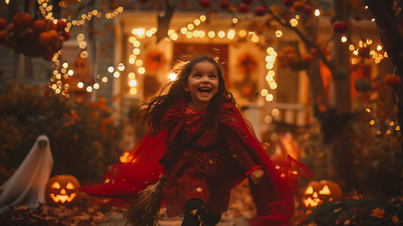 Little girl in Halloween costume having fun on the street.の素材