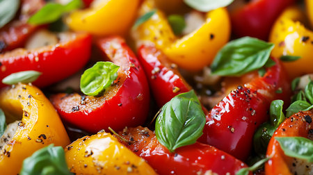 Roasted bell peppers with basil and spices, closeup, horizontalの素材