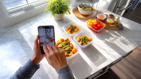 Woman taking photo of healthy food with mobile phone at table in kitchenの素材