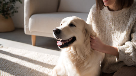 cropped shot of woman stroking golden retriever dog at homeの素材