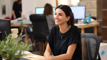 Portrait of young businesswoman sitting at her desk in office.の素材