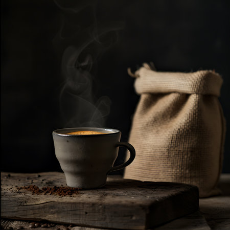 Coffee cup and sack on wooden table. Black background.の素材