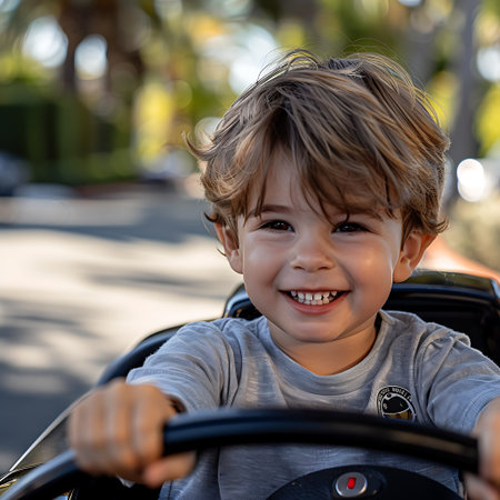 Portrait of a smiling little boy driving a car in the parkの素材