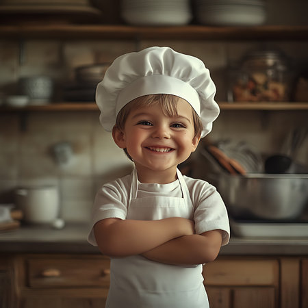 Portrait of a smiling little boy in chef hat standing with crossed arms in the kitchenの素材