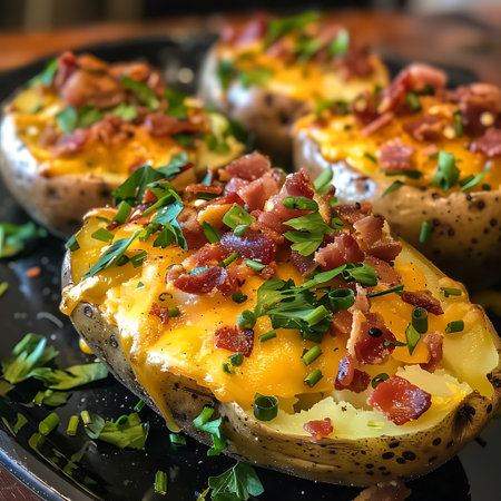 Baked potatoes with bacon and cheese, selective focus, square imageの素材