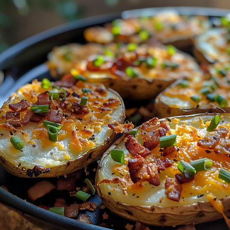 Baked potatoes with bacon, cheese and green onion on black plateの素材