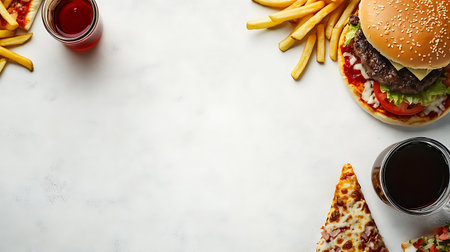 Fast food background. Top view of hamburger, French fries and cola on white marble tableの素材