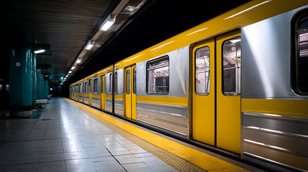 Modern train in the subway station at night, Moscow, Russia.の素材