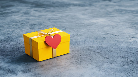 Yellow gift box with red heart on concrete background. Valentine's day conceptの素材
