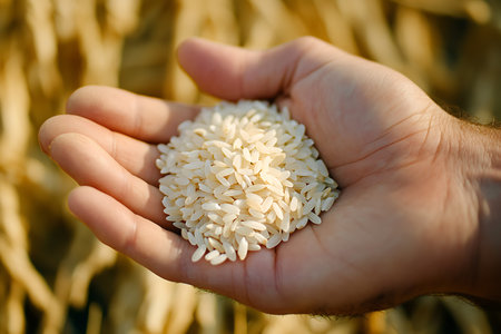 Close-up of a man's hand holding a handful of riceの素材