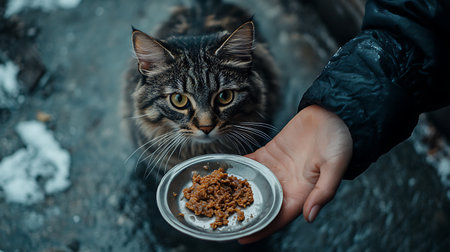 Homeless cat with a bowl of food in the hands of a manの素材