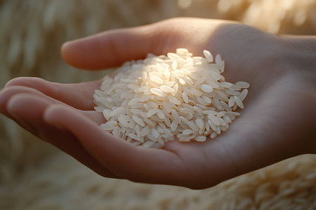 Rice in woman's hand. Close up. Selective focus.の素材