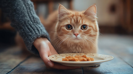 Cute ginger cat sitting on wooden floor and holding plate with food.の素材
