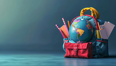 Backpack with school supplies on blue background. Back to school concept. 3D Renderingの素材