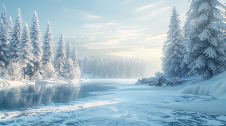 Frozen lake in the winter forest. Winter landscape. 3d renderingの素材