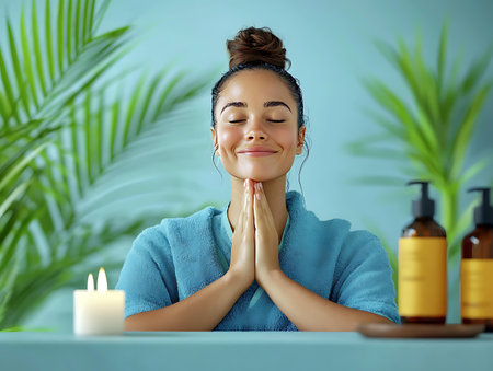 Relaxed young woman with closed eyes meditating in spa salonの素材