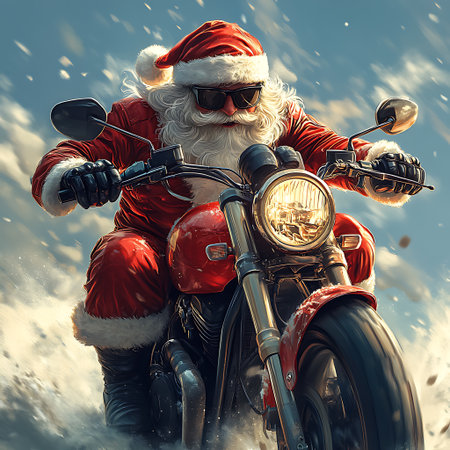 Portrait of Santa Claus in sunglasses riding a vintage custom motorcycle.の素材