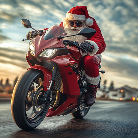 Santa Claus riding a sports motorbike on the road. 3d rendering.の素材