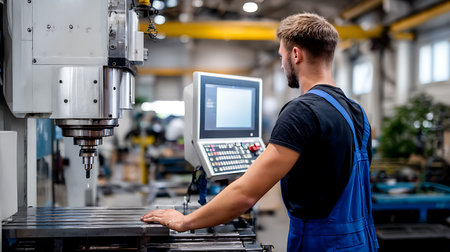 Industrial worker working on CNC milling machine in factory.の素材